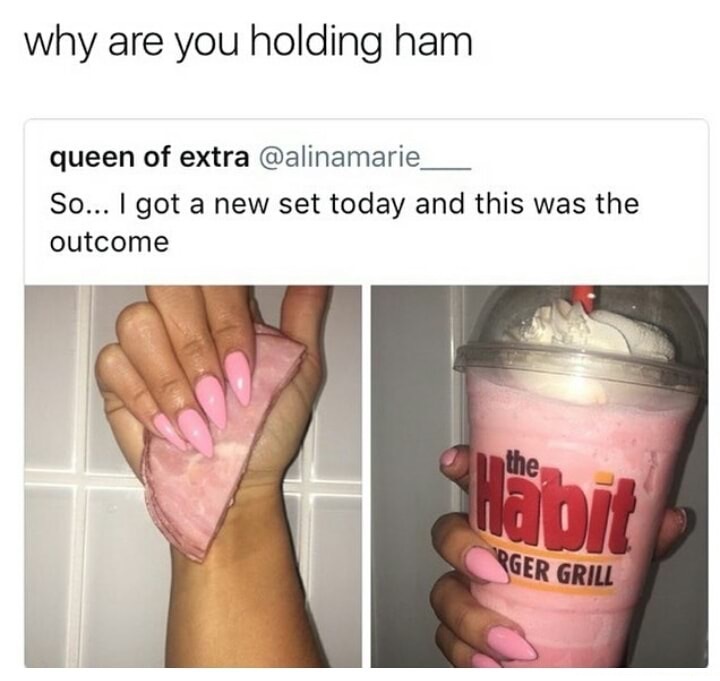 dank meme pink nails holding ham - why are you holding ham queen of extra So... I got a new set today and this was the outcome Tot Rger Grill