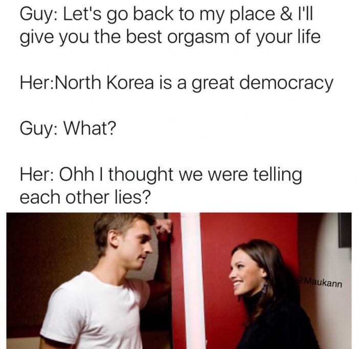 girl blushing meme - Guy Let's go back to my place & I'll give you the best orgasm of your life HerNorth Korea is a great democracy Guy What? Her Ohh I thought we were telling each other lies? Maukann