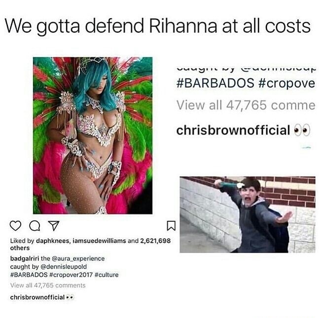 memes - we must protect rihanna at all costs - We gotta defend Rihanna at all costs vuuyiny Uirtuivum View all 47,765 comme chrisbrownofficial Q7 d by daphknees, iamsuedewilliams and 2,621,698 others badgalriri the caught by View all 47,765 chrisbrownoffi
