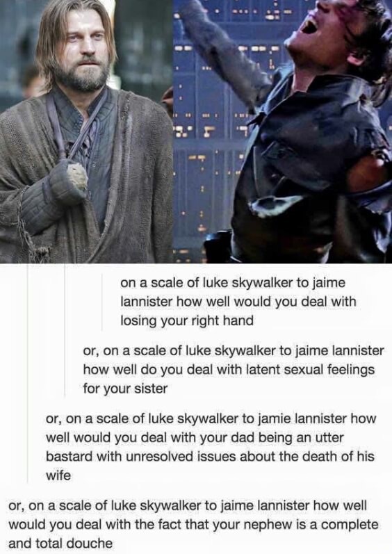 scale of jaime lannister to luke skywalker - on a scale of luke skywalker to jaime lannister how well would you deal with losing your right hand or, on a scale of luke Skywalker to jaime lannister how well do you deal with latent sexual feelings for your 