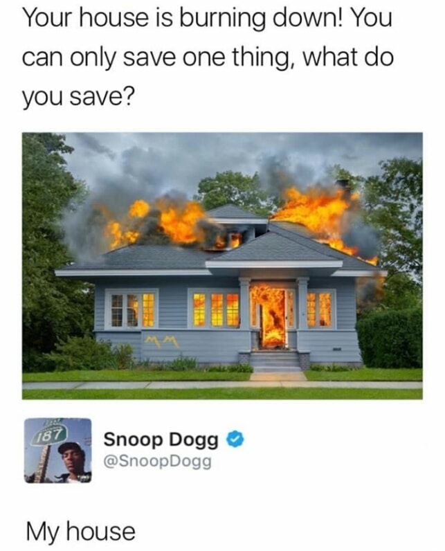snoop dogg my house tweet - Your house is burning down! You can only save one thing, what do you save? & Snoop Dogg Dogg My house