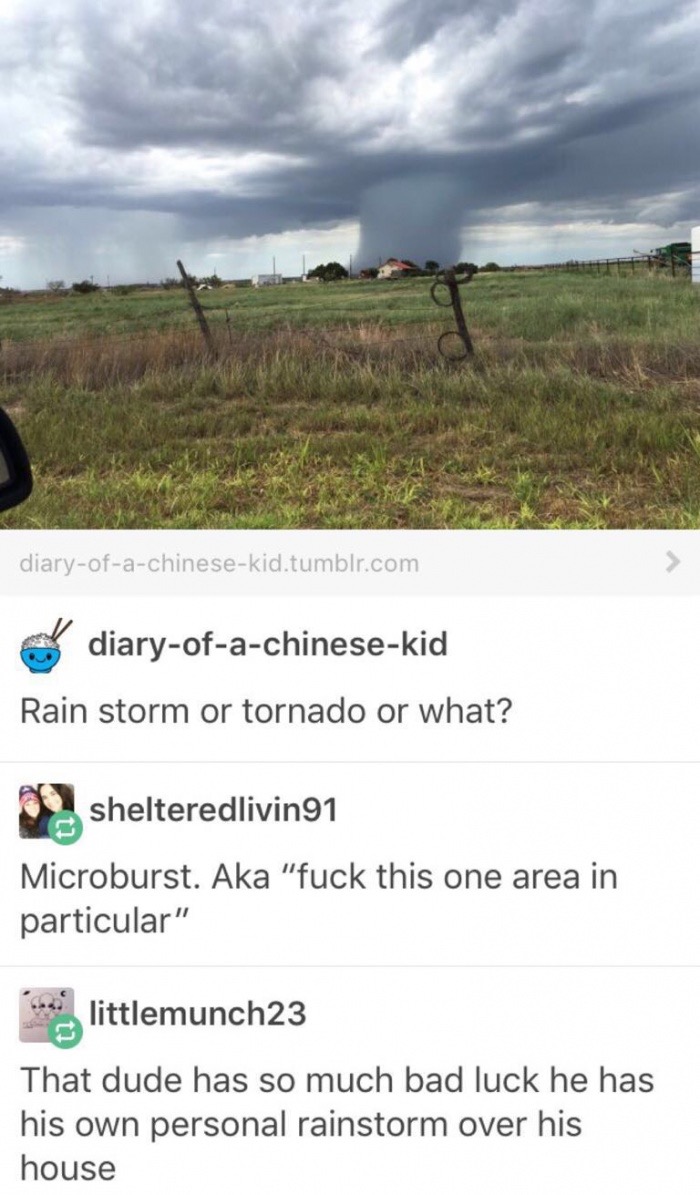 grassland - diaryofachinesekid.tumblr.com diaryofachinesekid Rain storm or tornado or what? shelteredlivin91 Microburst. Aka "fuck this one area in particular" littlemunch23 That dude has so much bad luck he has his own personal rainstorm over his house