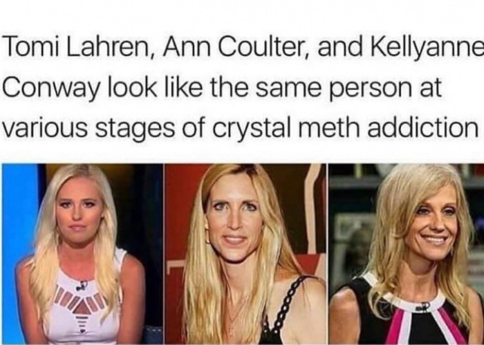 Funny meme about how Tomi Lahren, Ann Coulter and Kellyanne Conway all look like the same person at different stages of crystal Meth addiction.