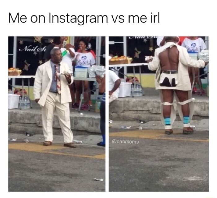 Instagram VS IRL, black man in white suit, which is all torn open in the back.