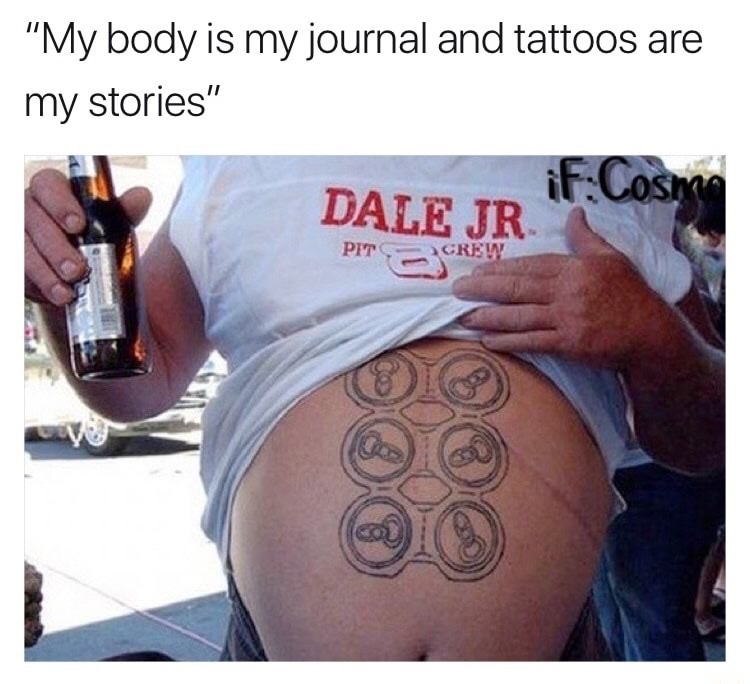 Man with six-pack of beer tattooed on his belly