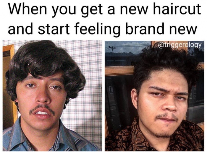 Meme about feeling brand new after getting a hair cut.