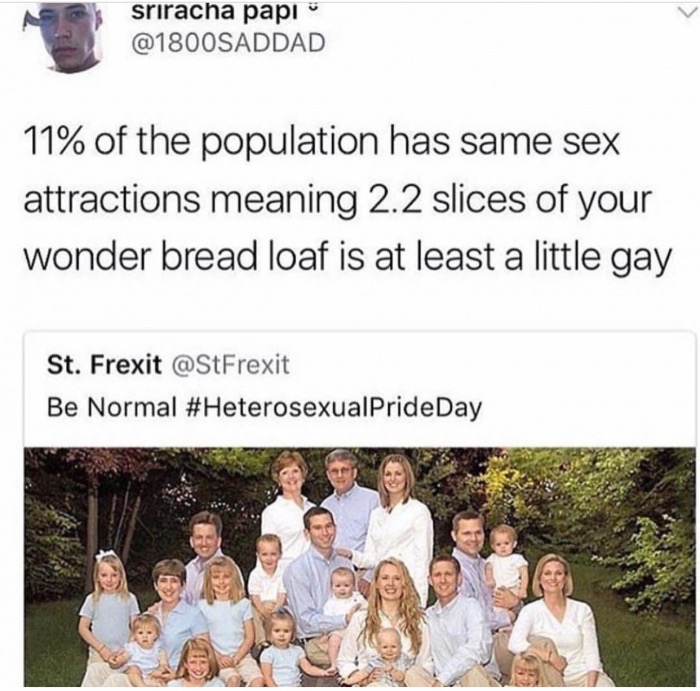have more white babies - sriracha papi 11% of the population has same sex attractions meaning 2.2 slices of your wonder bread loaf is at least a little gay St. Frexit Be Normal