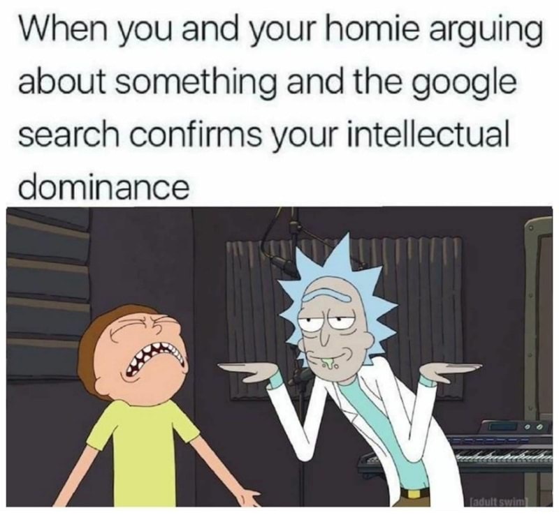 funny rick and morty memes - When you and your homie arguing about something and the google search confirms your intellectual dominance w adult swim