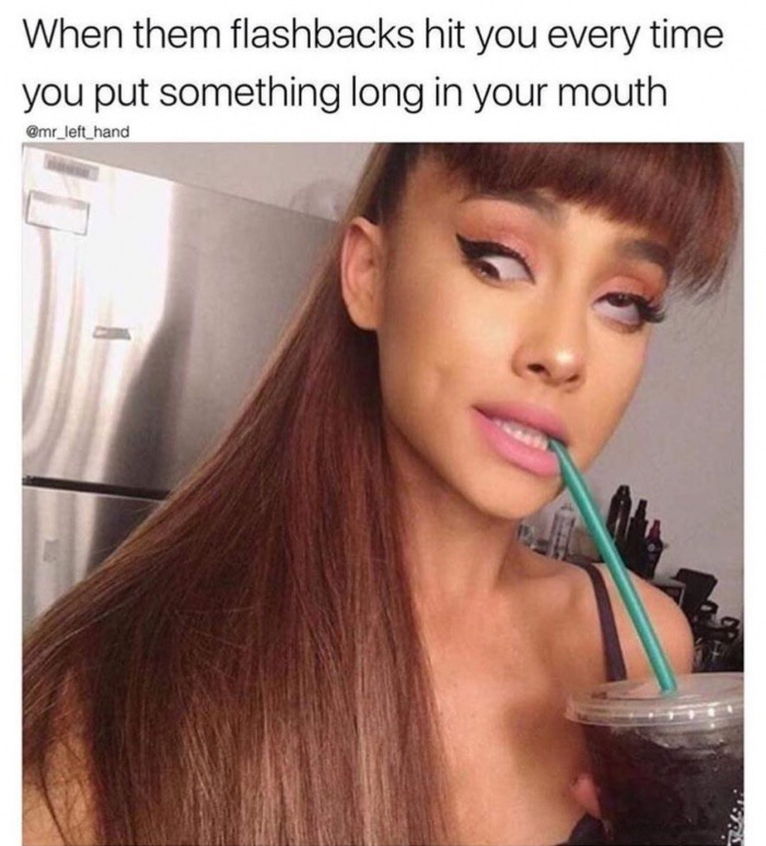 Crosseyed girl meme with caption of getting flashbacks every time you put something long in your mouth.