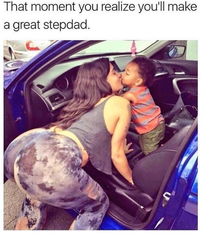 Girl giving her kid a kiss and captioned on when you realized you'd be a great step dad.