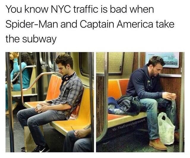 memes - nyc meme - You know Nyc traffic is bad when SpiderMan and Captain America take the subway Ig The FunnyIntrovert