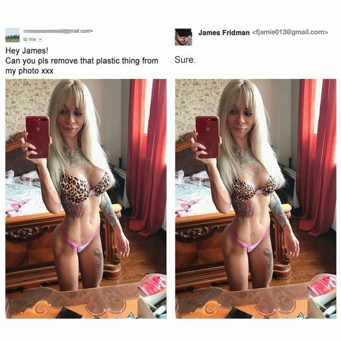 meme stream - james fridman plastic - James Fridman  mail.com> to me Hey James! Can you pls remove that plastic thing from my photo xxx Sure.