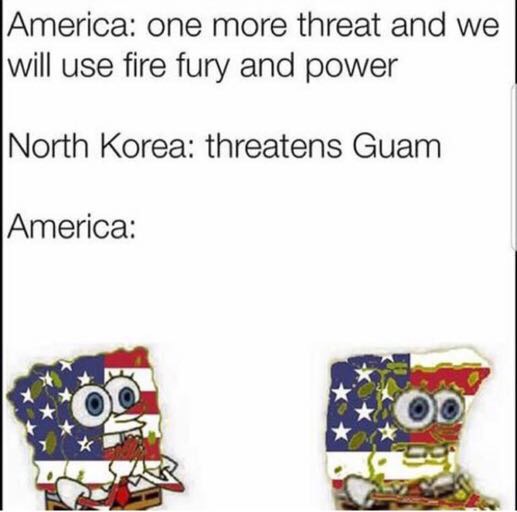 cartoon - America one more threat and we will use fire fury and power North Korea threatens Guam America