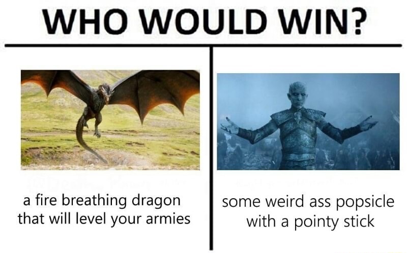 would win meme game of thrones - Who Would Win? a fire breathing dragon that will level your armies some weird ass popsicle with a pointy stick