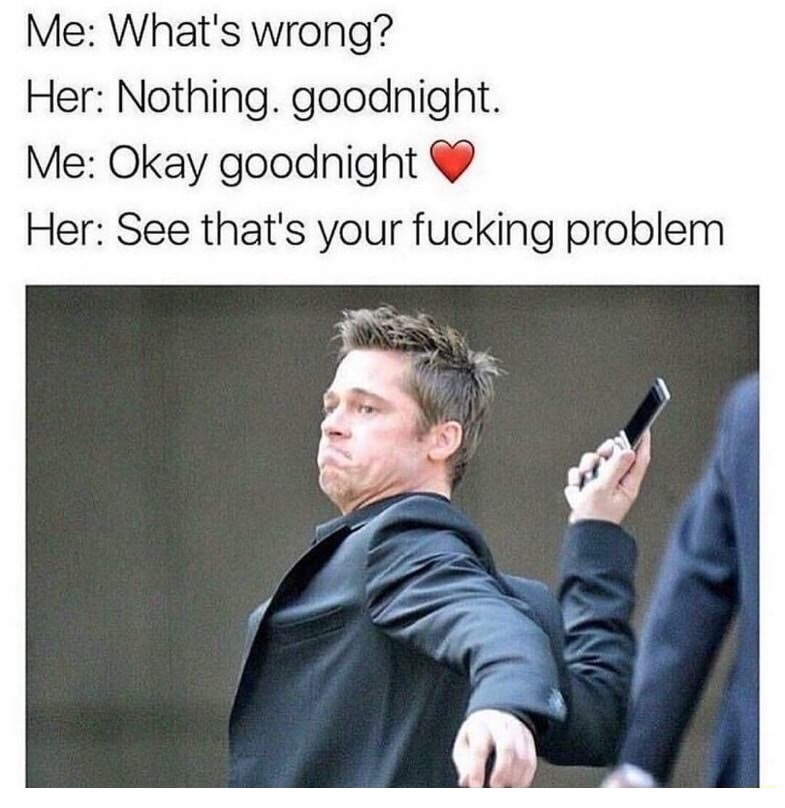 see thats your fucking problem - Me What's wrong? Her Nothing. goodnight. Me Okay goodnight Her See that's your fucking problem