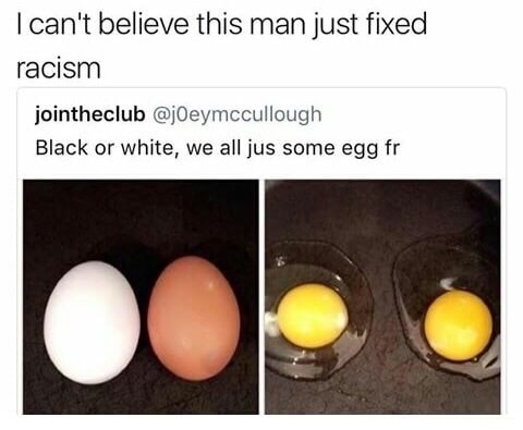 egg racism meme - I can't believe this man just fixed racism jointheclub Black or white, we all jus some egg fr