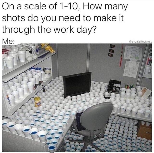 office pranks desk - On a scale of 110, How many shots do you need to make it through the work day? Me