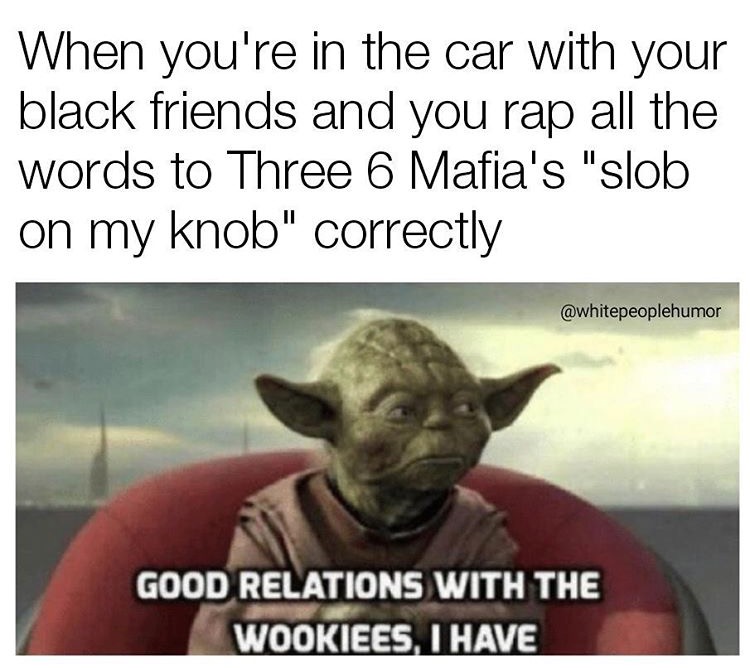 good relations with the wookies - When you're in the car with your black friends and you rap all the words to Three 6 Mafia's "slob on my knob" correctly Good Relations With The Wookiees, I Have