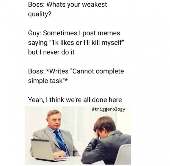 Boss Whats your weakest quality? Guy Sometimes I post memes saying "1k or I'll kill myself" but I never do it Boss Writes "Cannot complete simple task" Yeah, I think we're all done here
