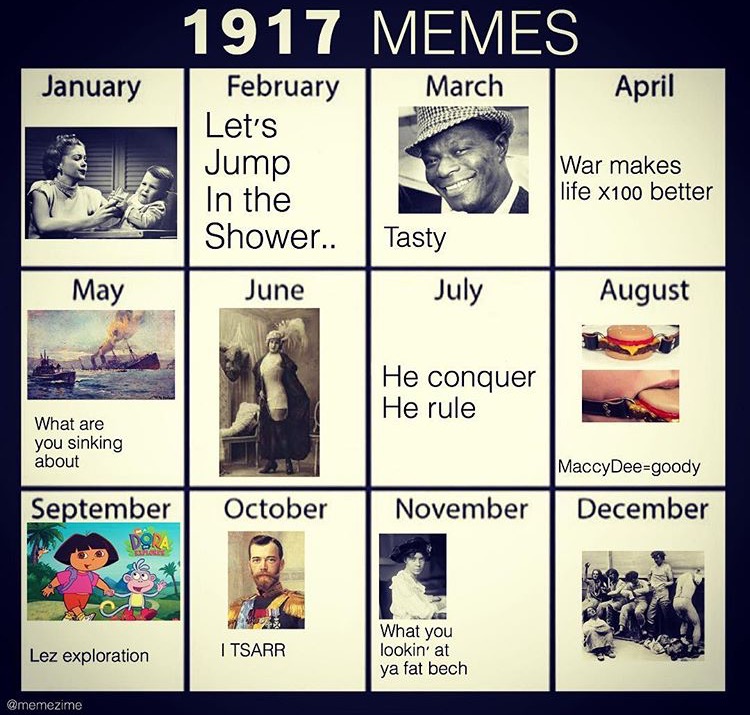 meme stream - meme chart 2019 - Memes February March April Let's Jump War makes In the life x100 better Shower.. Tasty June July August May He conquer He rule What are you sinking about MaccyDeegoody September October November December Lez exploration I T