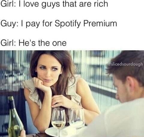 love guys that are rich meme - Girl I love guys that are rich Guy I pay for Spotify Premium Girl He's the one sliced sourdough