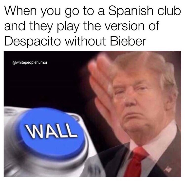 offensive memes - When you go to a Spanish club and they play the version of Despacito without Bieber Wall