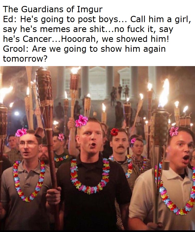 neo nazi tiki torches - The Guardians of Imgur Ed He's going to post boys... Call him a girl, say he's memes are shit...no fuck it, say he's Cancer...Hooorah, we showed him! Grool Are we going to show him again tomorrow?