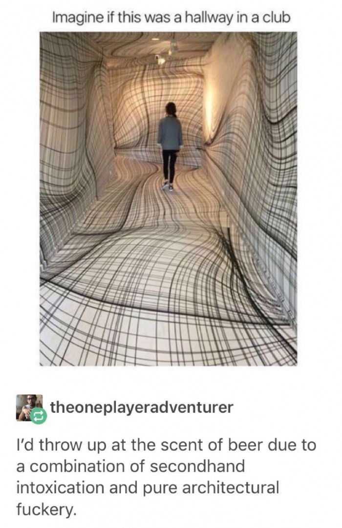 imagine being drunk memes - Imagine if this was a hallway in a club theoneplayeradventurer I'd throw up at the scent of beer due to a combination of secondhand intoxication and pure architectural fuckery.