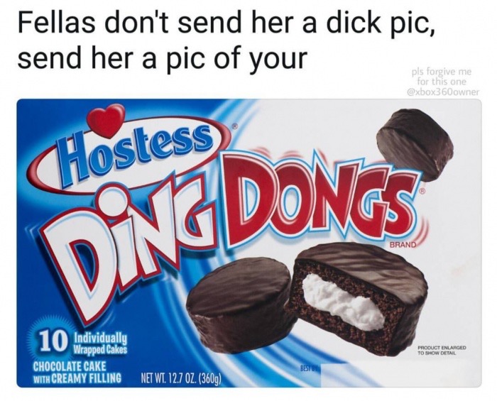 snack cake - Fellas don't send her a dick pic, send her a pic of your pls forgive me for this one CHostess Brand Product Enlarged To Show Detail Individually Wrapped Cakes Chocolate Cake With Creamy Filling Net Wt. 12.7 Oz. 360g