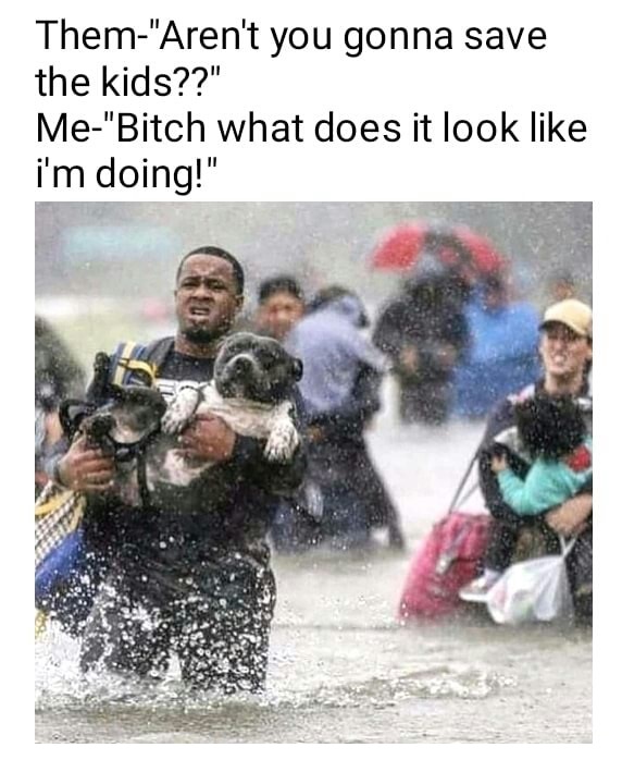 houston flooding people - Them"Aren't you gonna save the kids??" Me"Bitch what does it look i'm doing!"
