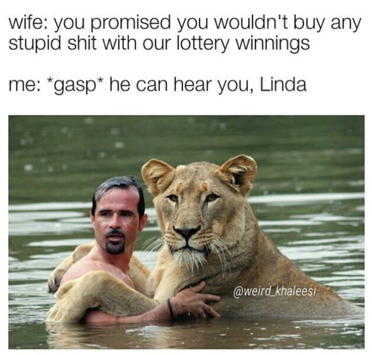do zoologists do - wife you promised you wouldn't buy any stupid shit with our lottery winnings me gasp he can hear you, Linda