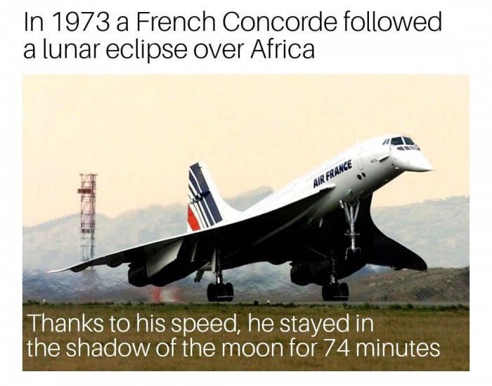 airline - In 1973 a French Concorde ed a lunar eclipse over Africa Air France Thanks to his speed, he stayed in the shadow of the moon for 74 minutes