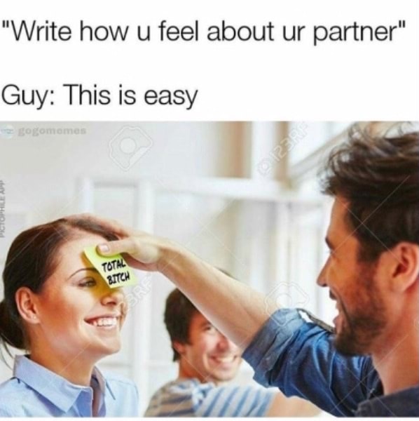 Meme of guy putting post it not on woman's forehead