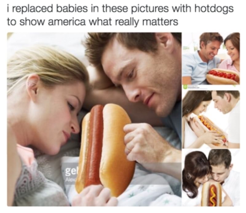 Hilarious meme of stock photos of parents with babies and the infants are swapped out for hot dogs