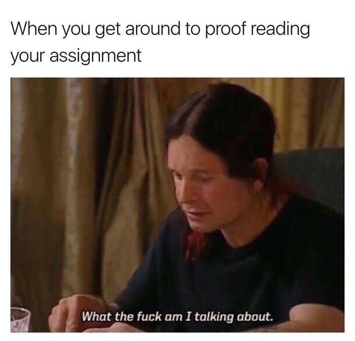 Meme of realizing you are rambling when proof reading your assignment.