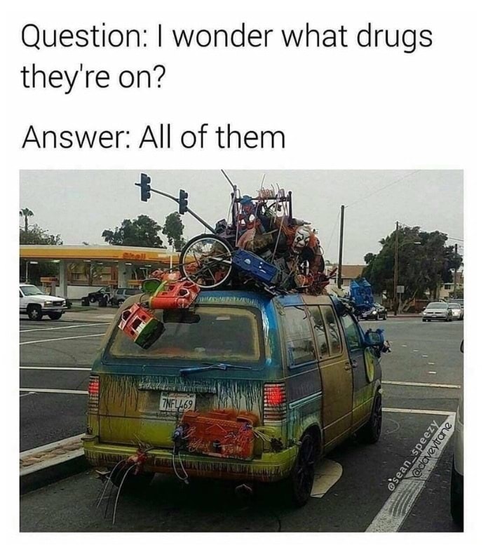 car - Question I wonder what drugs they're on? Answer All of them Tin 7NFL469
