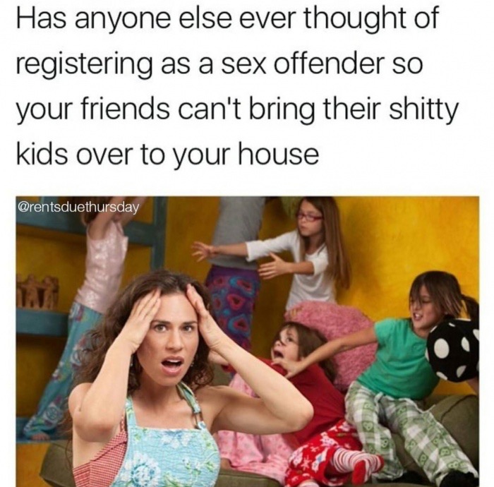 mom with crazy kids - Has anyone else ever thought of registering as a sex offender so your friends can't bring their shitty kids over to your house