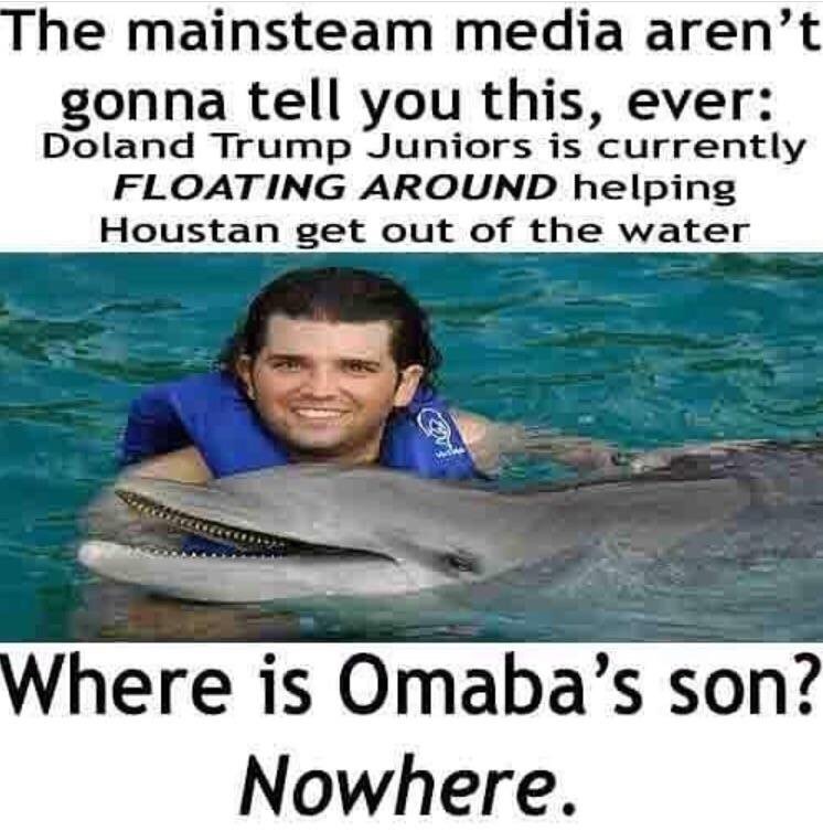 back to home button - The mainsteam media aren't gonna tell you this, ever Doland Trump Juniors is currently Floating Around helping Houstan get out of the water Where is Omaba's son? Nowhere.