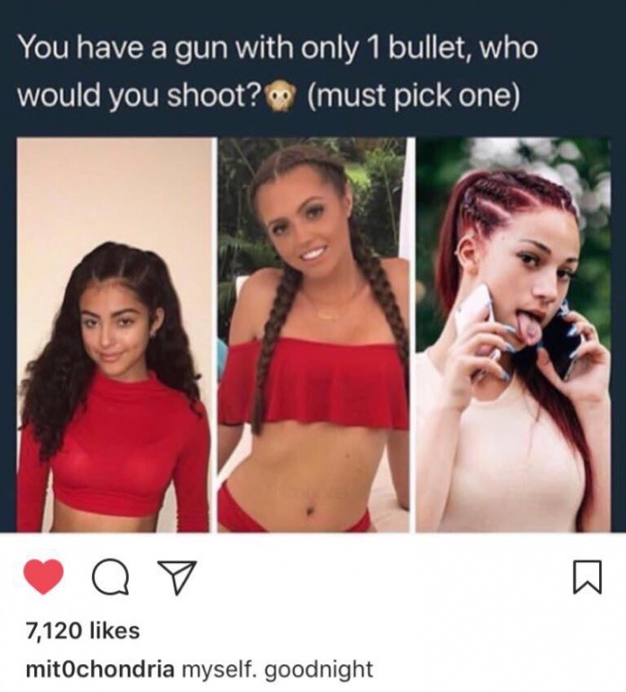 Brutal meme asking if you had 1 gun with 1 bullet which one would you pick.