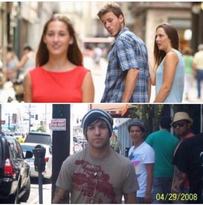 Distracted Boyfriend meme with similar pic of Bruno Mars and Pete Wentz in the street