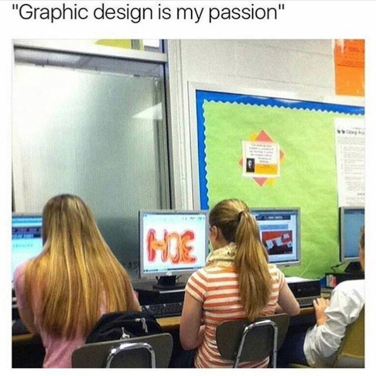 Girl learning graphic design writing HOE with colorful letters.