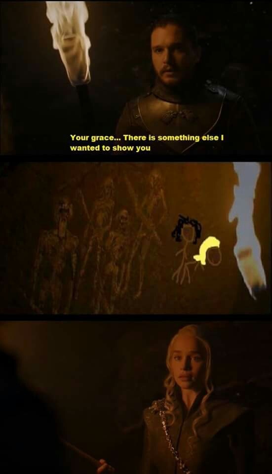 funny Game of Thrones meme of Jon Snow showing Daenerys the cave drawing with a crude drawing of Snow and Dany going at it.