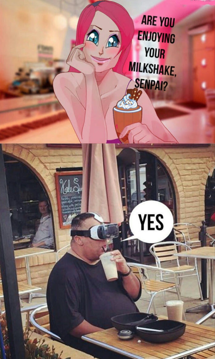 Funny VR Meme of guy drinking milkshake with VR headset on.