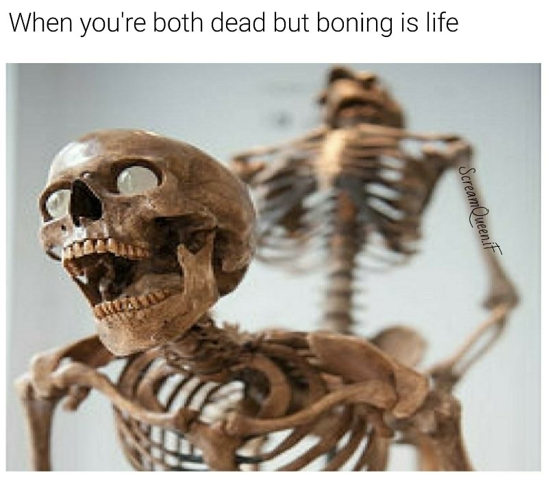 Skeletons in compromising positions made into hilarious meme.