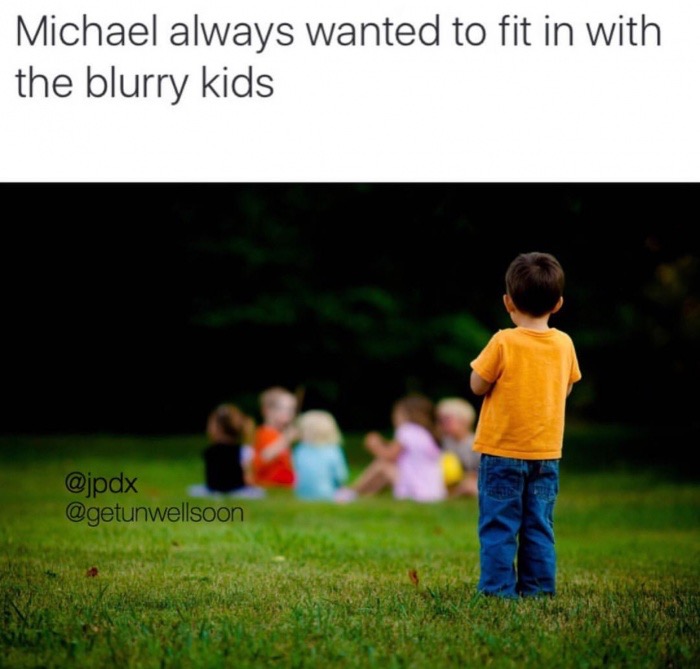 Kid wishing he could fit in and play with the blurry kids.