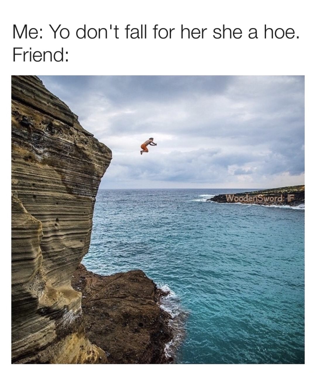 Man falling off a cliff like he fell for that hoe everyone warned him about.