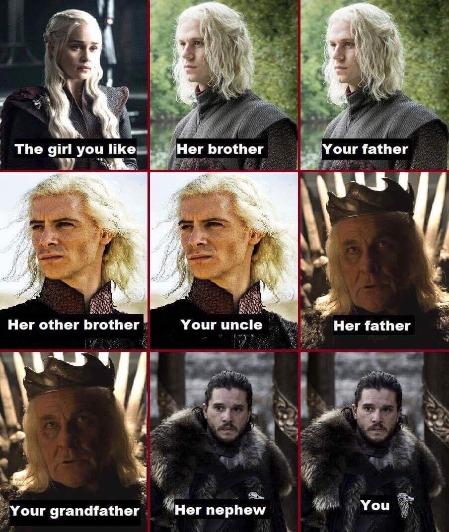 Game of Thrones meme about how Daenerys and Jon Snow are related.
