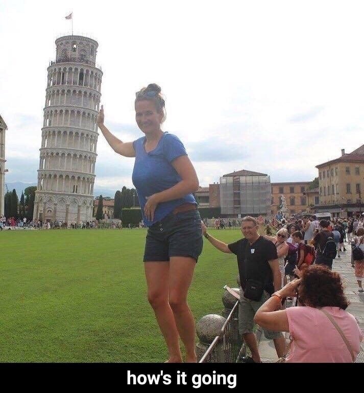 Leaning Tower of Pisa pics with man in the background messing up the perspective.