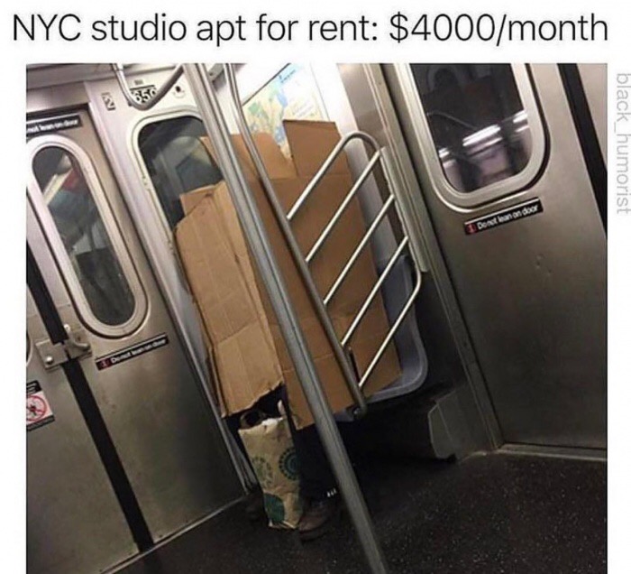 Cardboard box on the subway joked as studio apartment in NYC for only $4000 per month.