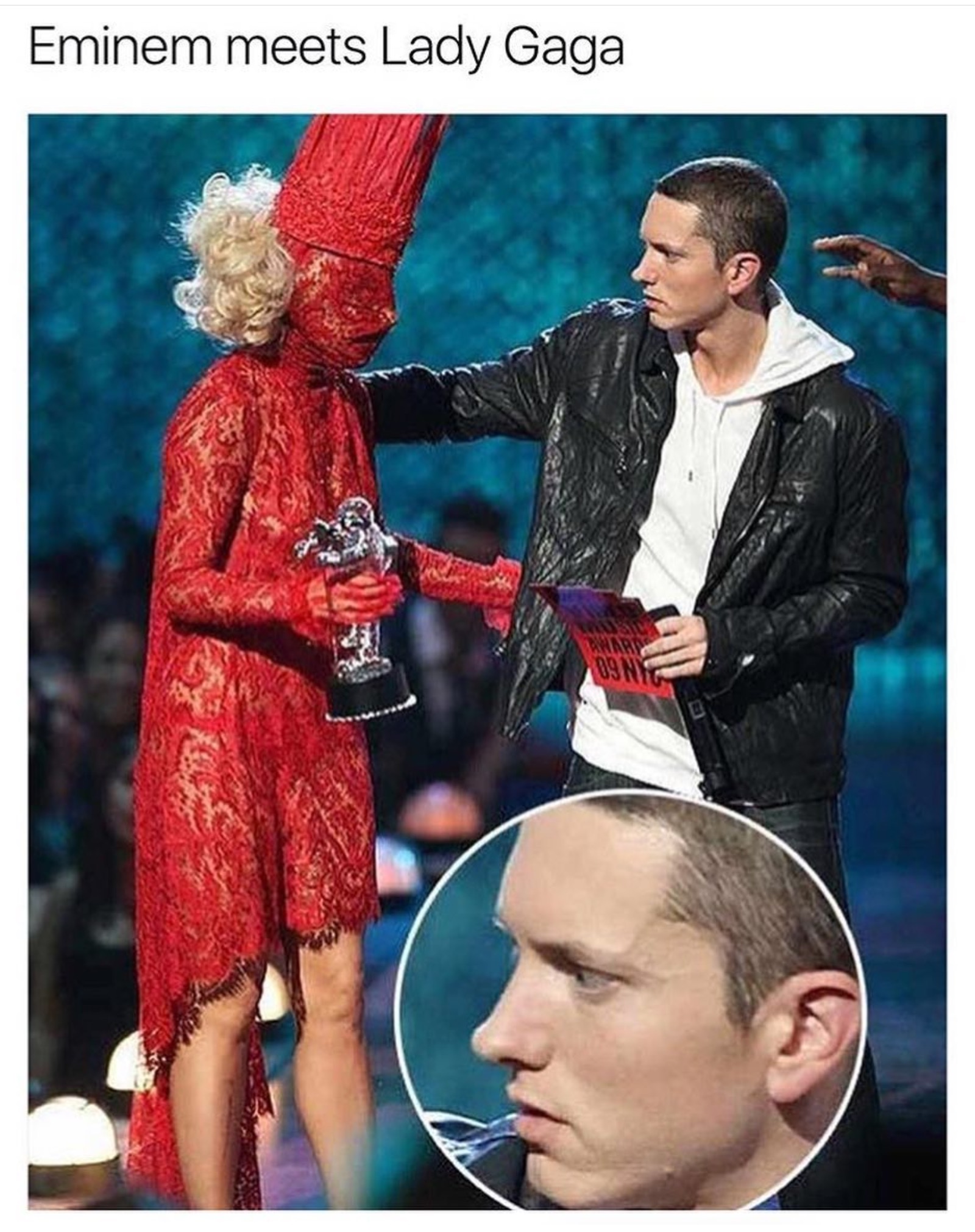 Dank meme of Eminem shocked when meeting Lady Gaga